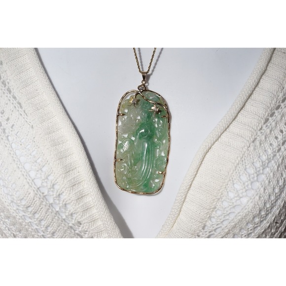Antique 14k Solid Gold Natural Untreated Jadeite Jade & Diamond Pendant 28g - Picture 14 of 14